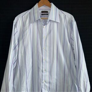 ZARA Dress Shirt Mens Blue Purple Stripe Button Up Long Sleeve Size 46 / 18